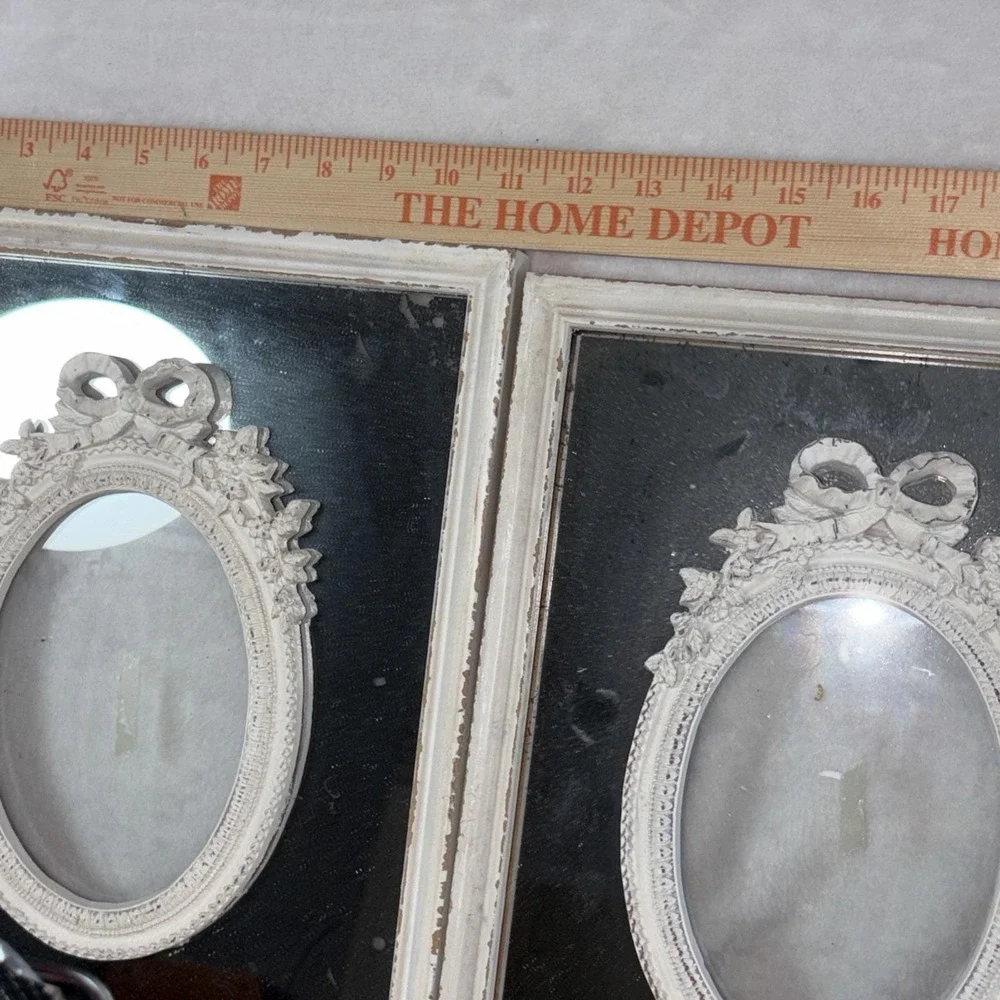 Vintage 70 Shabby Chic Mirror‎ Frame Pair French Country Oval Ribbon Aged Patina